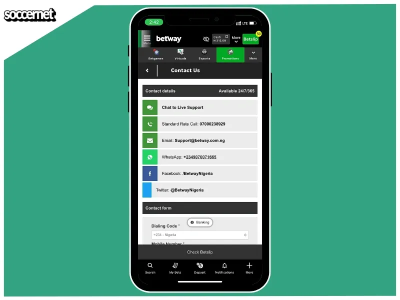 Betway customer support options shown on the screen