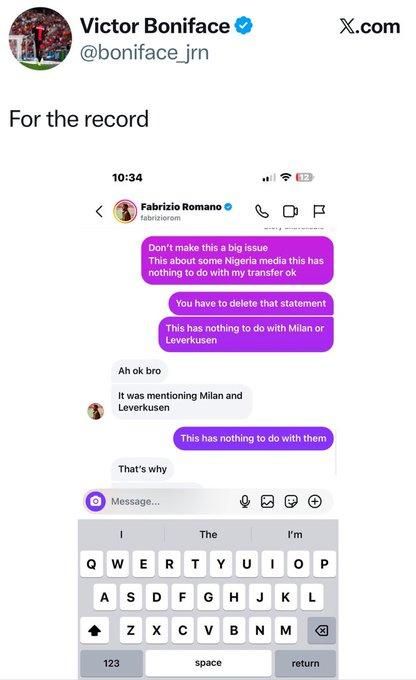 Victor Boniface's chat with Fabrizio Romano