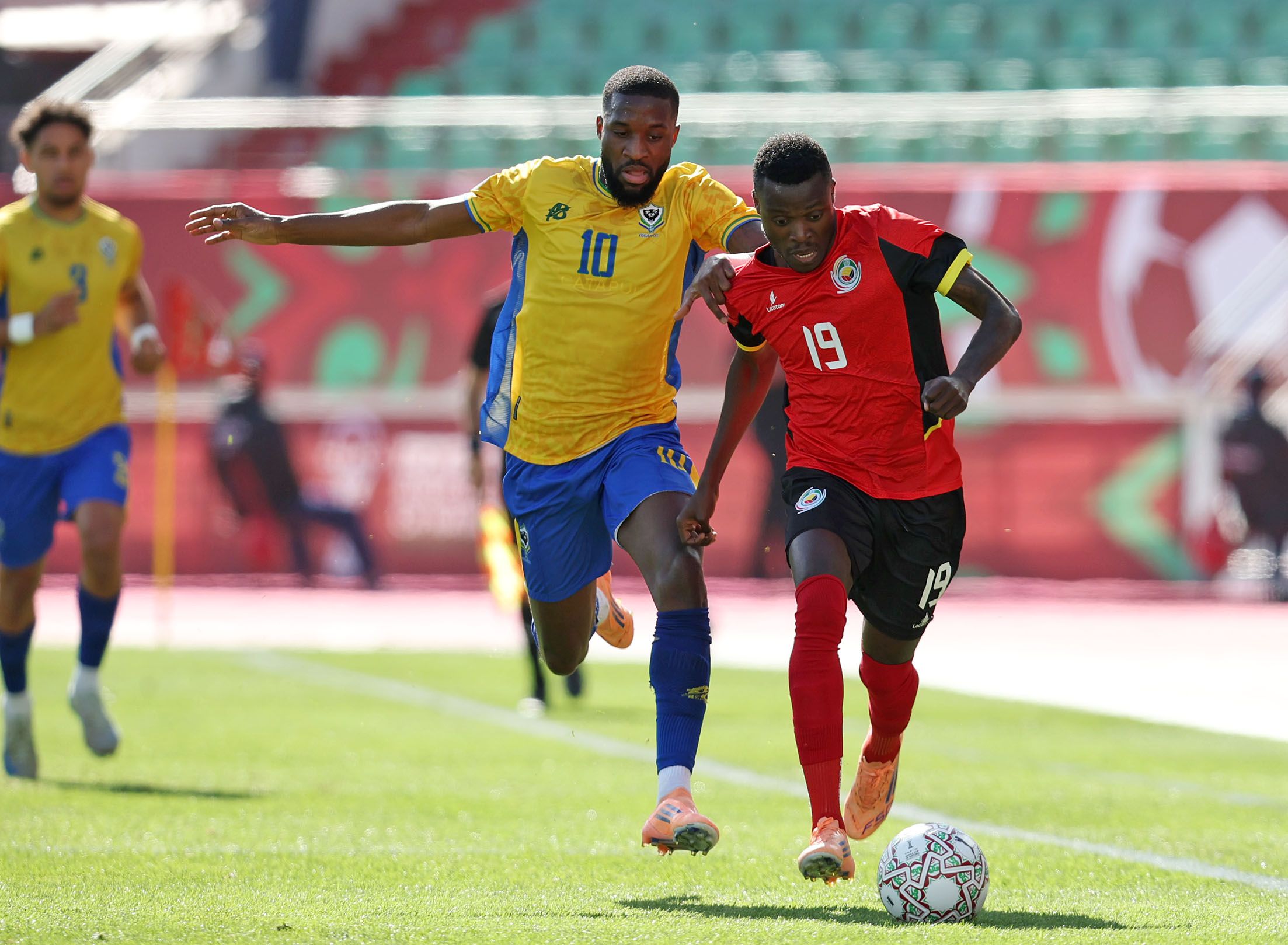 Witiness Chimoio Witi of Mozambique challenged by Warren Shavy Babicka of Gabon during the 2025 Africa Cup of Nations AFCON match between Mozambique and Gabon