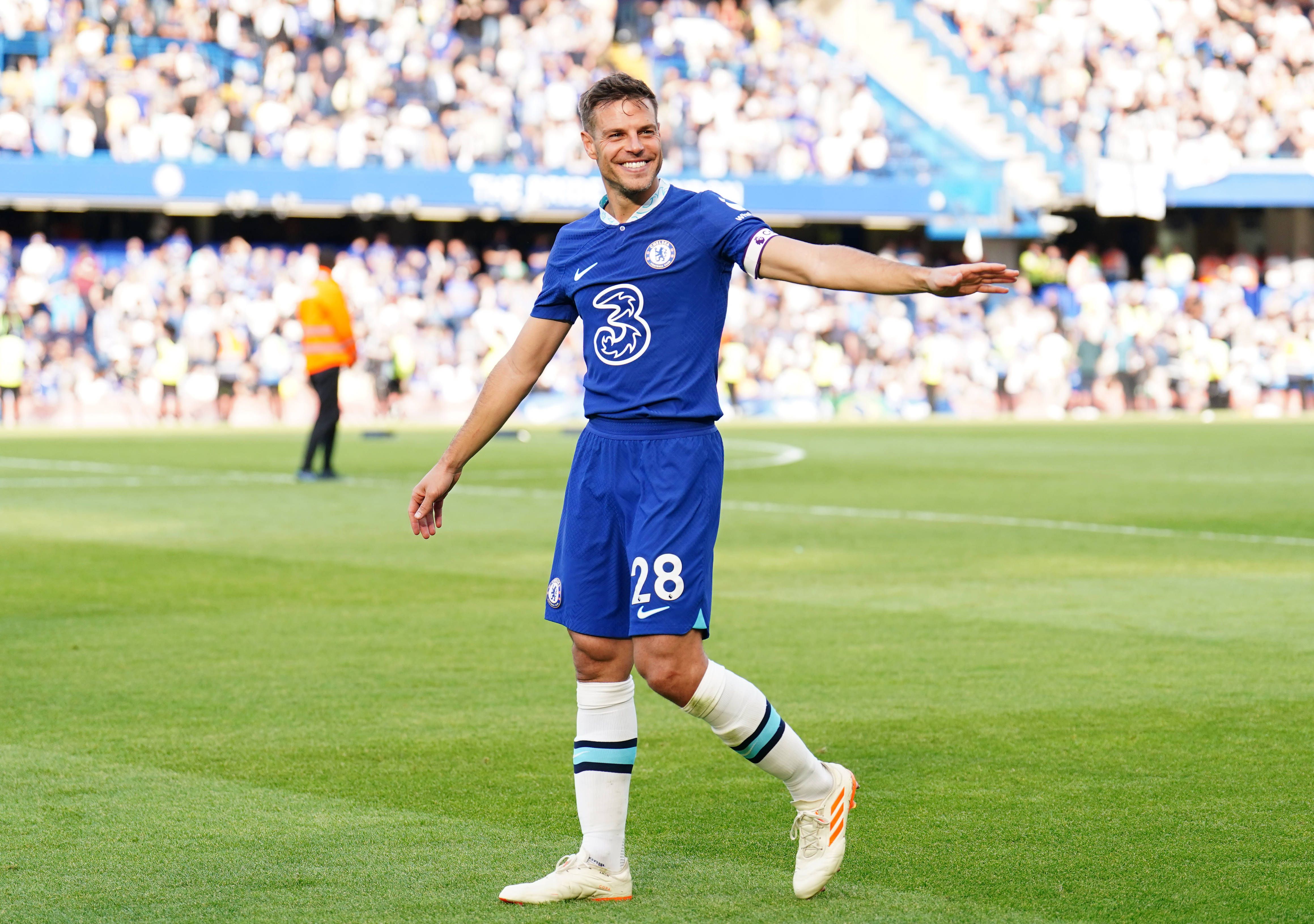 Chelsea's Cesar Azpilicueta applauds fans after the Premier League match at Stamford Bridge, London. Picture date: Sunday May 28, 2023.