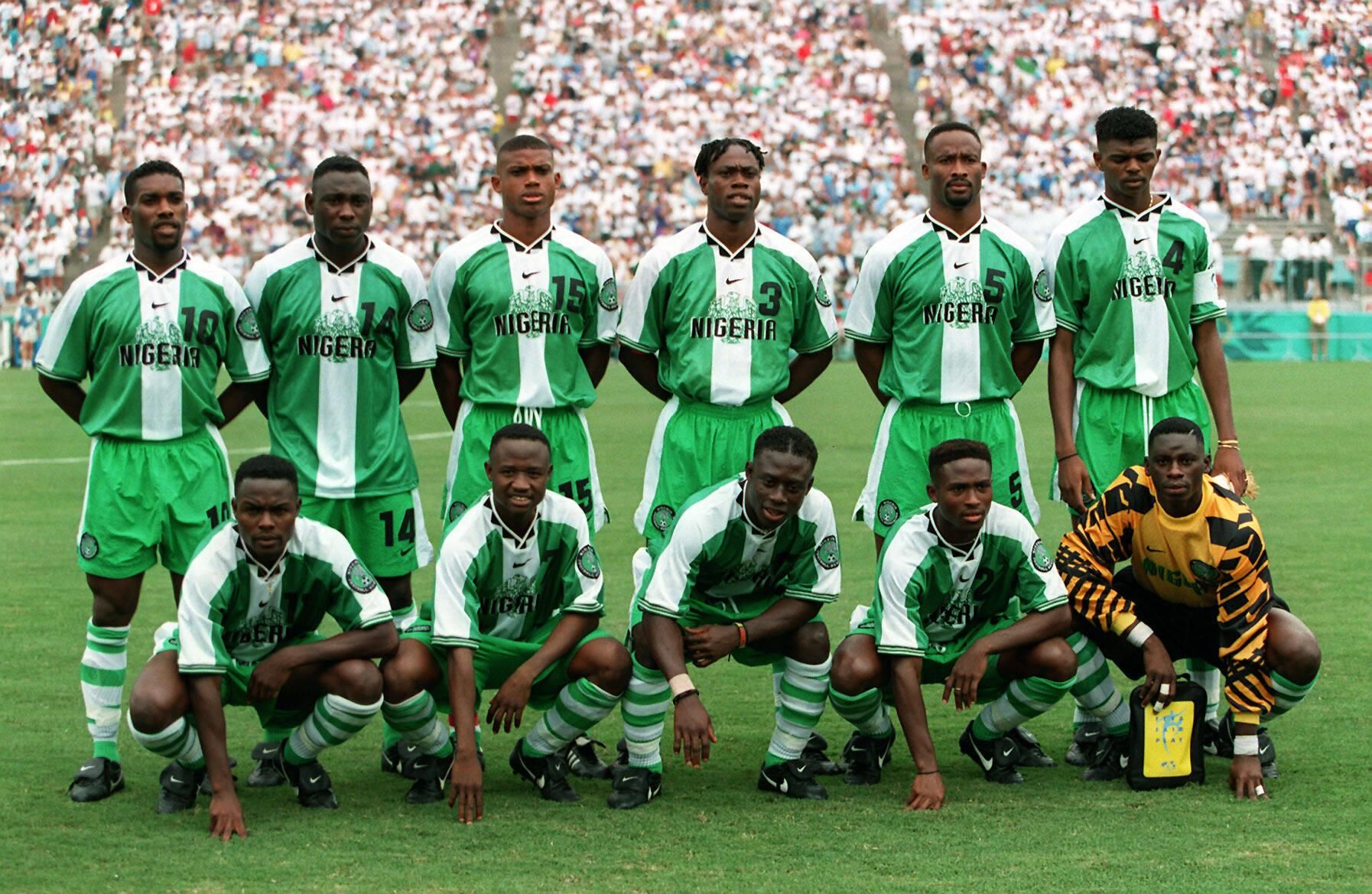 Gold medalists team Nigeria with starting lineup Uche Okechukwu, Taribo West, Celestine Babayaro, Jay Jay Okocha, Sunday Oliseh, Daniel Amokachi, Tijana Babangida, Victor Ikpeba, Nwankwo Kanu, Joseph Dosu and Mobi Obaraku before the final against Argentina at The Summer Olympic Games