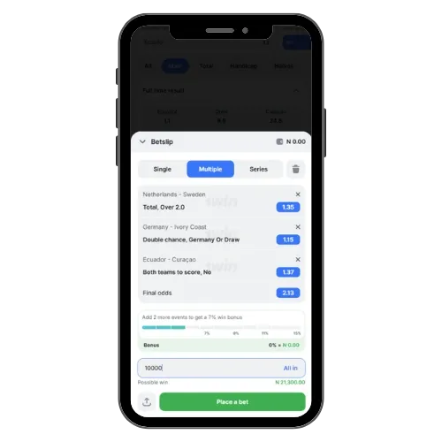 1Win bet slip with World Cup matches to clear the bonus funds from the 1Win promo code
