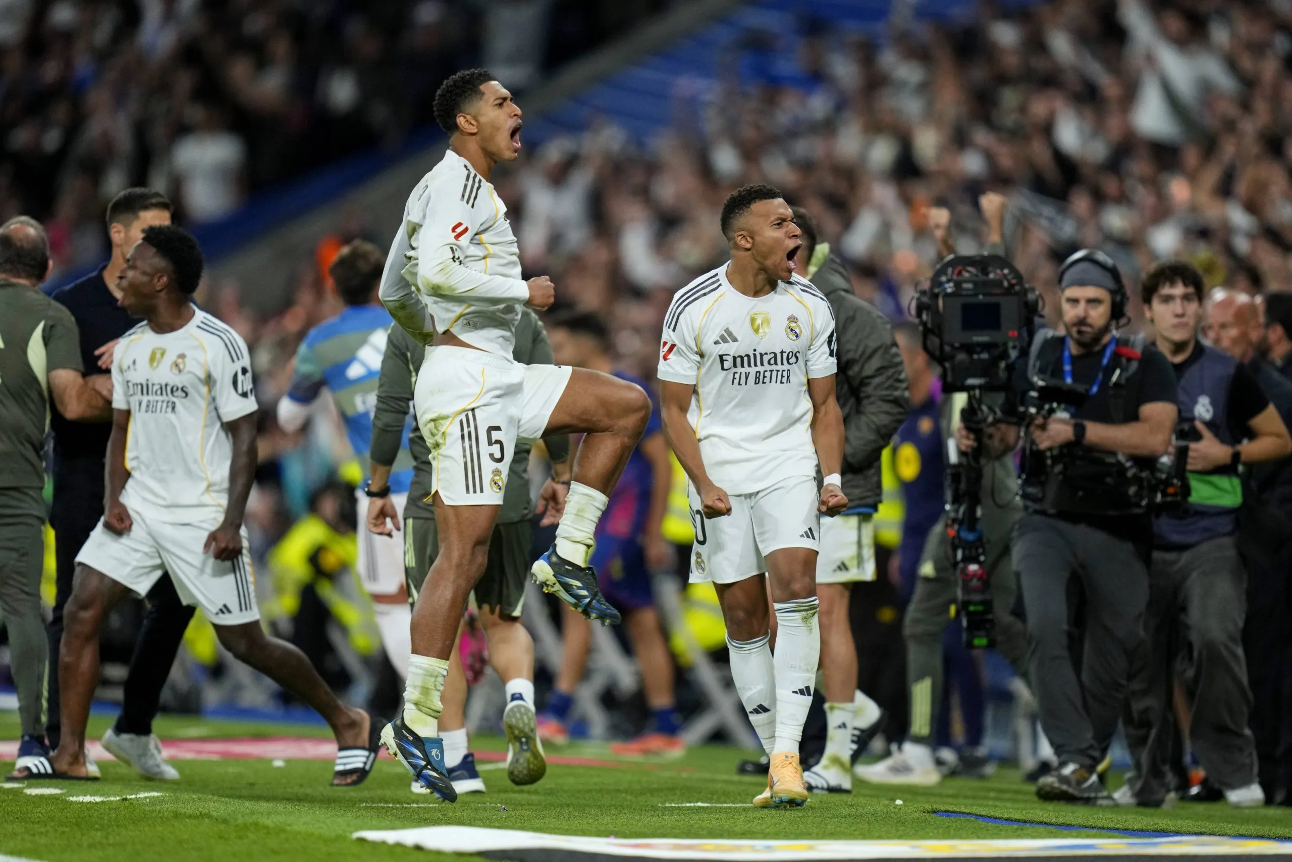 Jude Bellingham and Kylian Mbappe of Real Madrid CF during the La Liga EA Sports match between Real Madrid CF and FC Barcelona played at Santiago Bernabeu