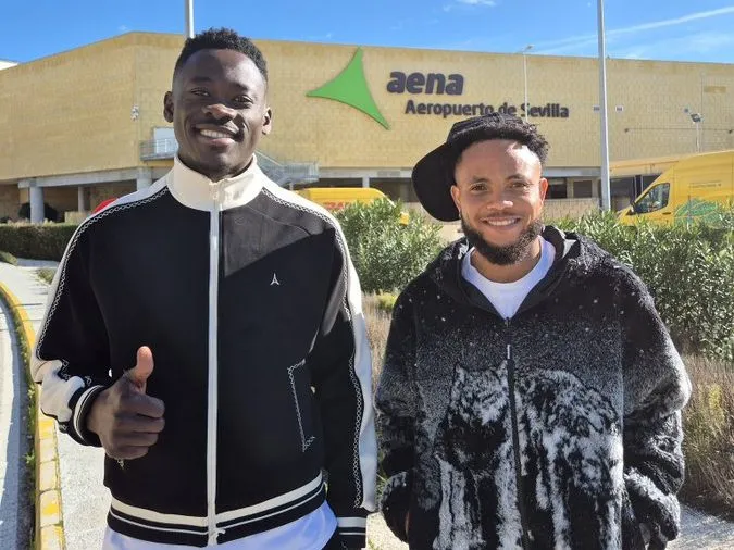 Akor Adams and Chidera Ejuke arrive in Sevilla
