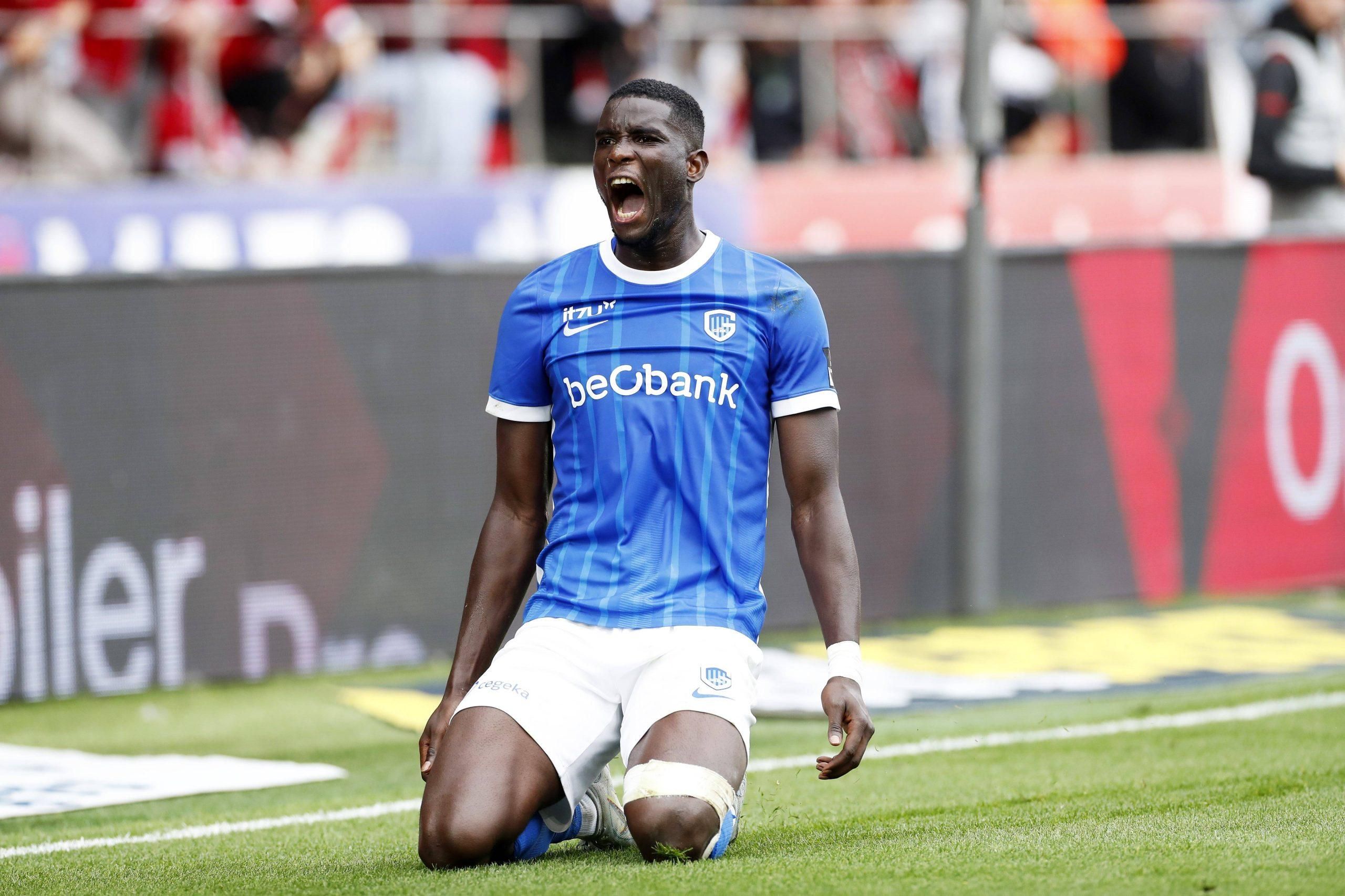 Onuachu Paul forward of KRC Genk celebrates after scoring during the Jupiler Pro League match between Royal Antwerp FC and KRC Genk 