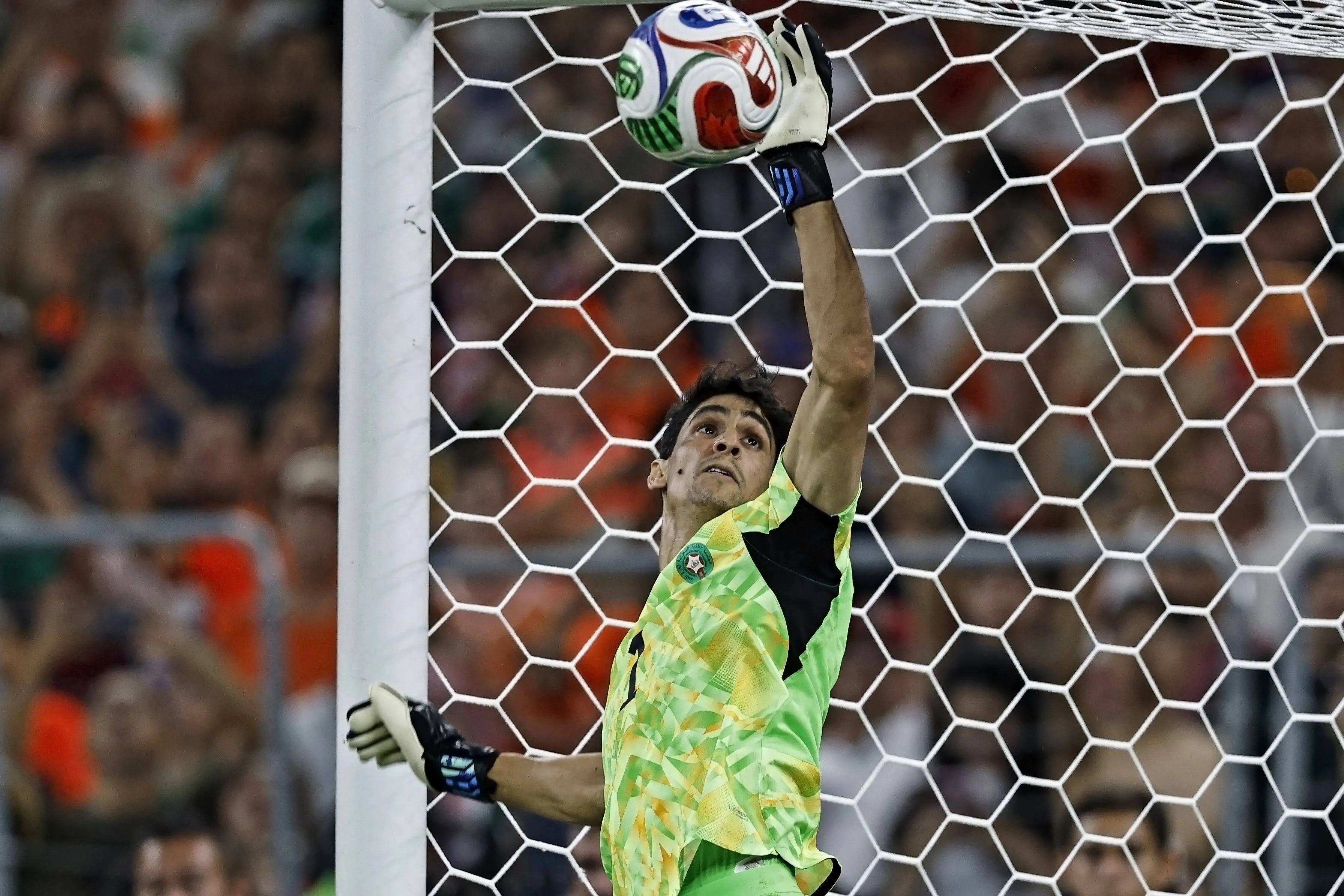 Yassine Bounou of Morocco saves the Netherlands fifth penalty taken by Crysencio Summerville at the 2026 FIFA World Cup