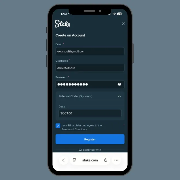 Stake sign up form for email registration