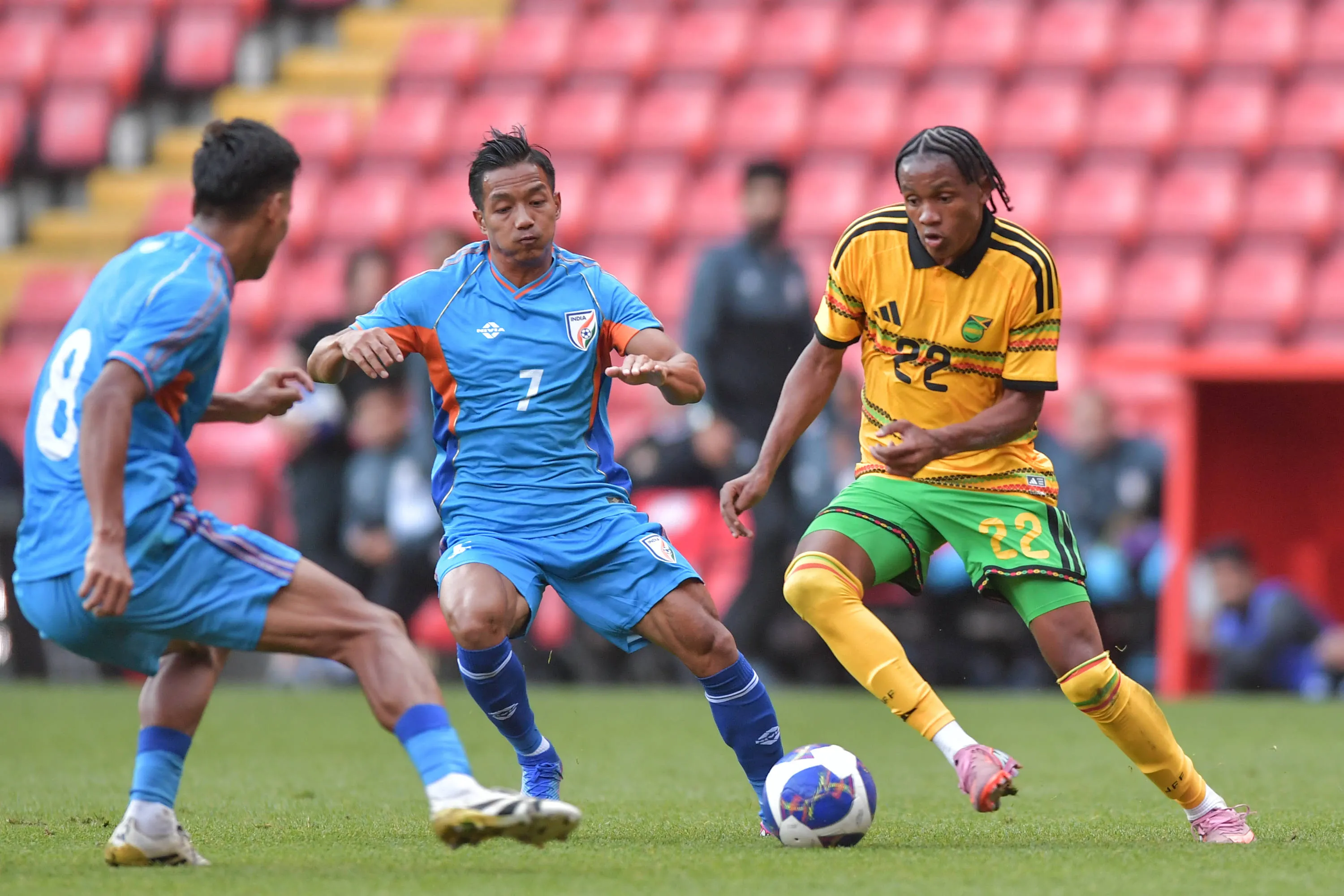 Nickalia Fuller of Jamaica with the ball as Lallianzuala Chhangte of India closes during the Unity Cup 2026 match between Jamaica and India at The Valley, London, England on 27 May 2026