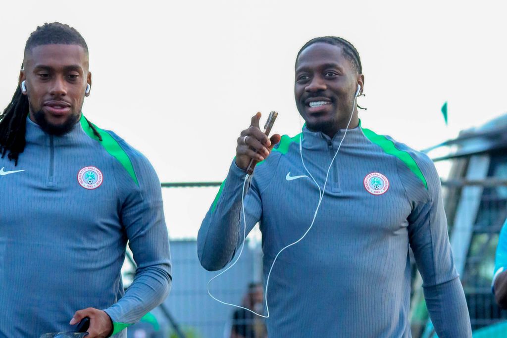 Alex Iwobi and Ola Aina of Nigeria during a training section in preparation for the 2025 AFCON qualifier match between Nigeria and Libya