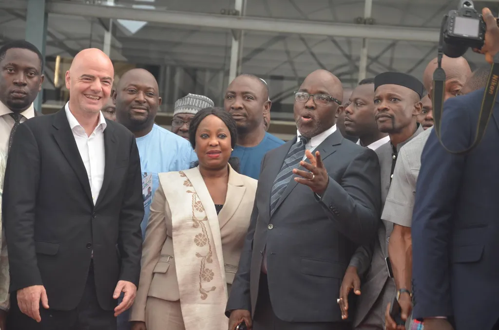 Amaju Pinnick, President of Nigeria Football Federation (NFF) welcomes Gianni Infantino, President of FIFA
