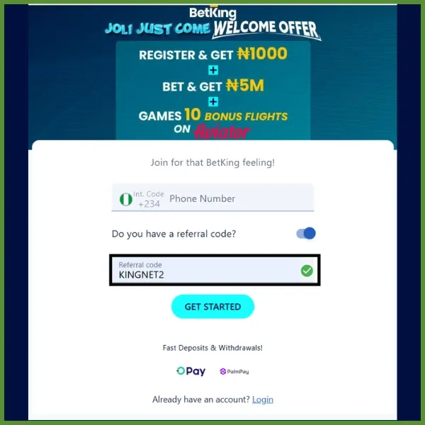 BetKing registration form with KINGNET2 entered in the referral code field.
