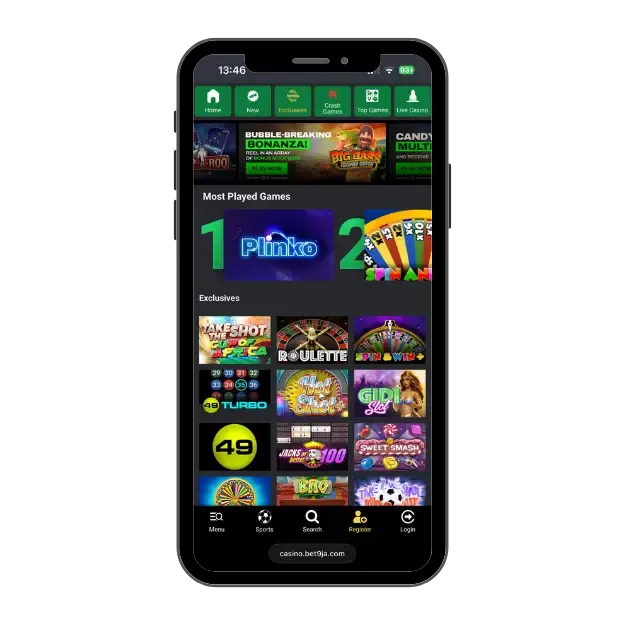 Bet9ja casino homepage with game categories and Most Played games.
