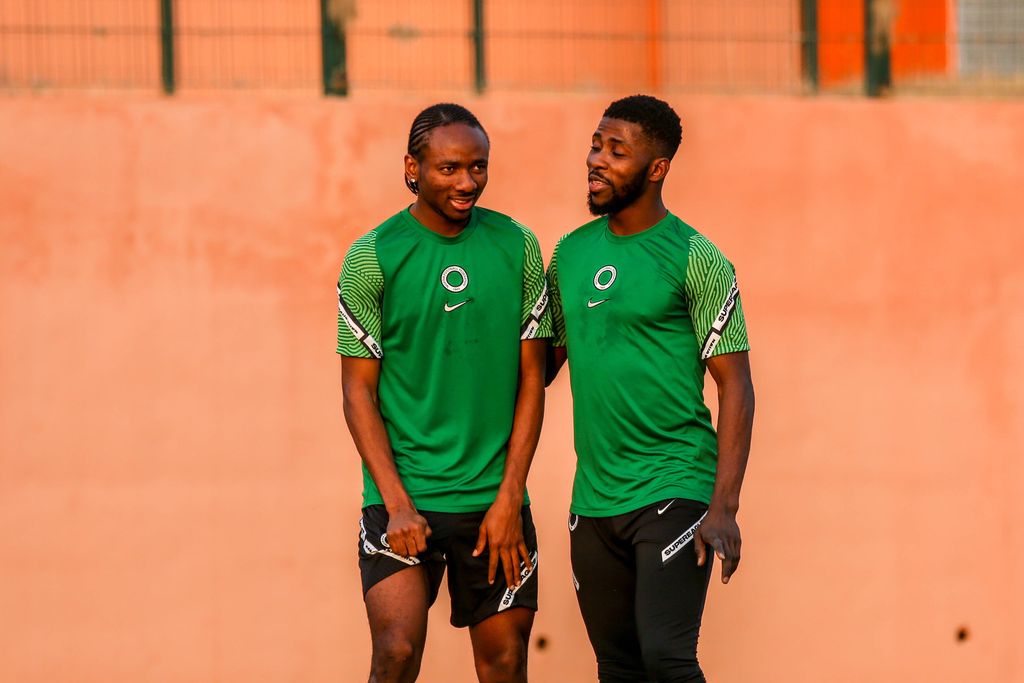 Kelechi Nwakali and Kelechi Iheanacho of Nigeria during the Nigerian national men s soccer team training session at Stade Roumde Adjia on January 08, 2022 in Garoua, Cameroon