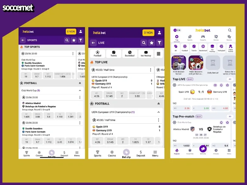 Helabet mobile screens with user interface.