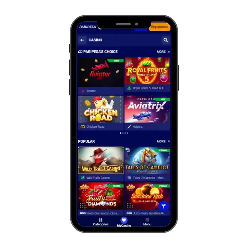 Paripesa online casino on mobile with Popular games and Paripesa's choice.