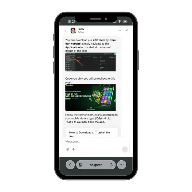 BC Game app customer support chat with agent explaining how to download the app
