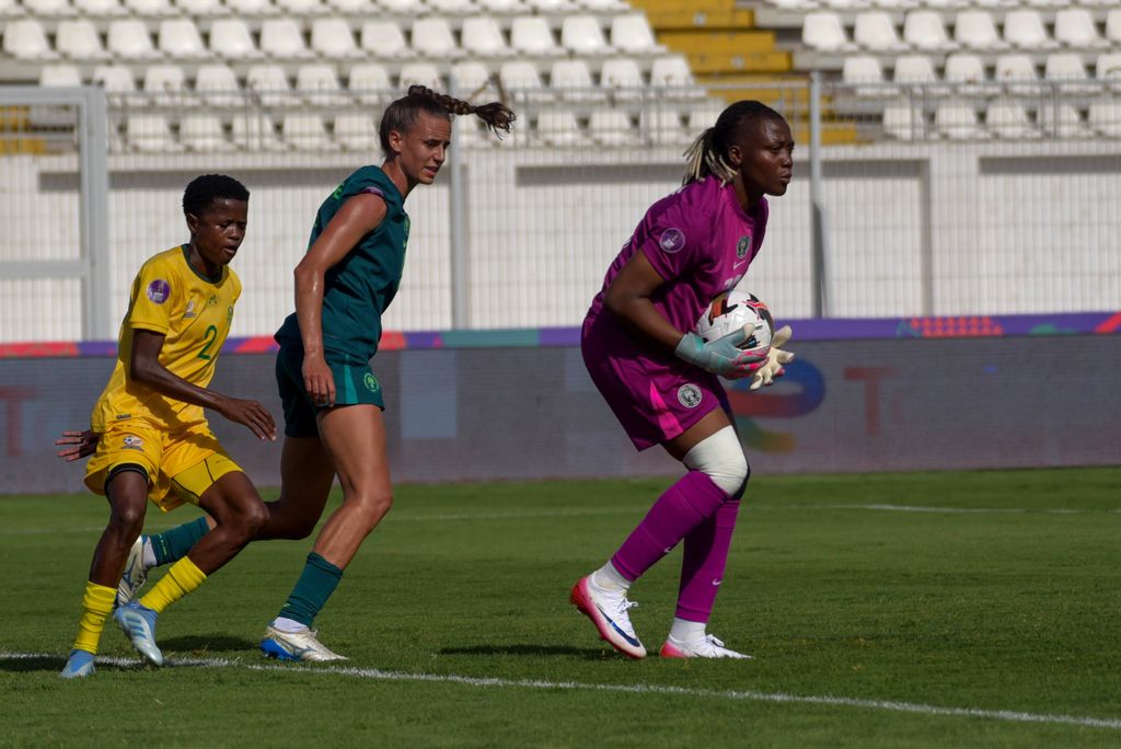 Chiamaka Nnadozie and Ashleigh Plumptre representing the Super Falcons of Nigeria