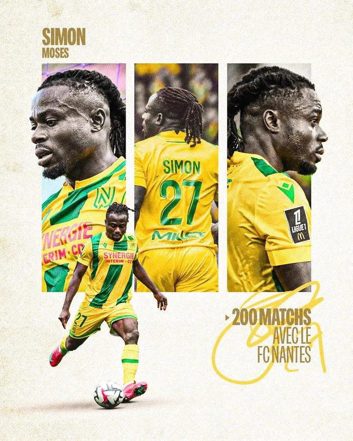 Moses Simon frame for 200 Nantes appearances 