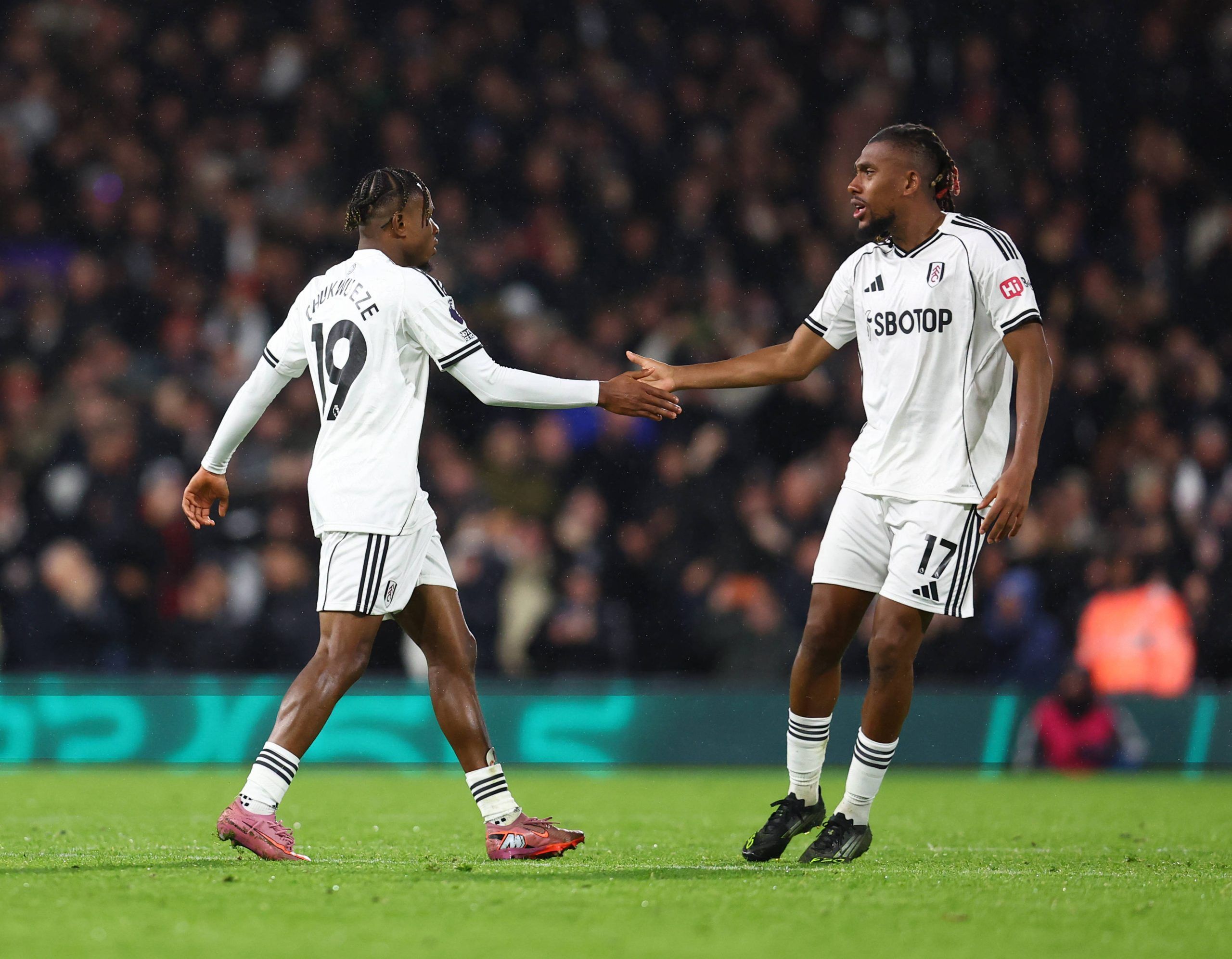 Samuel Chukwueze celebrates scoring their fourth goal during the Fulham vs Manchester City