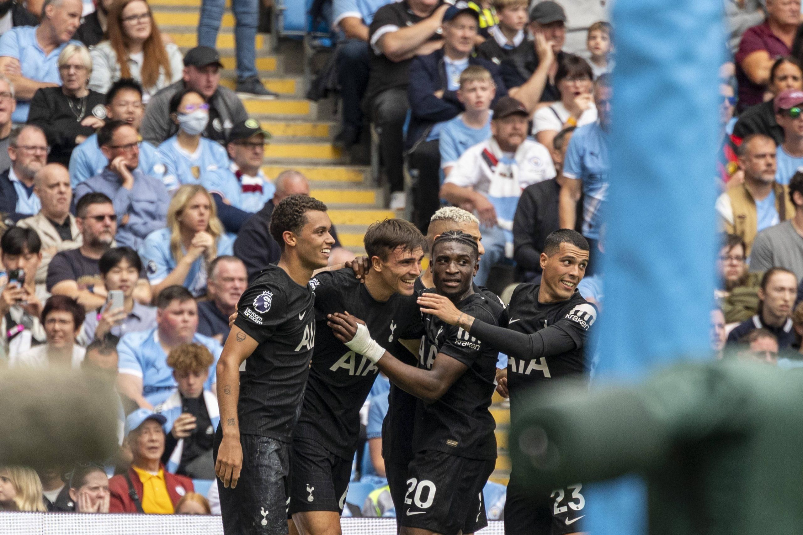 João Palhinha celebrates after scoring Tottenham's second goal during a Premier League 2025/26 match against Manchester City