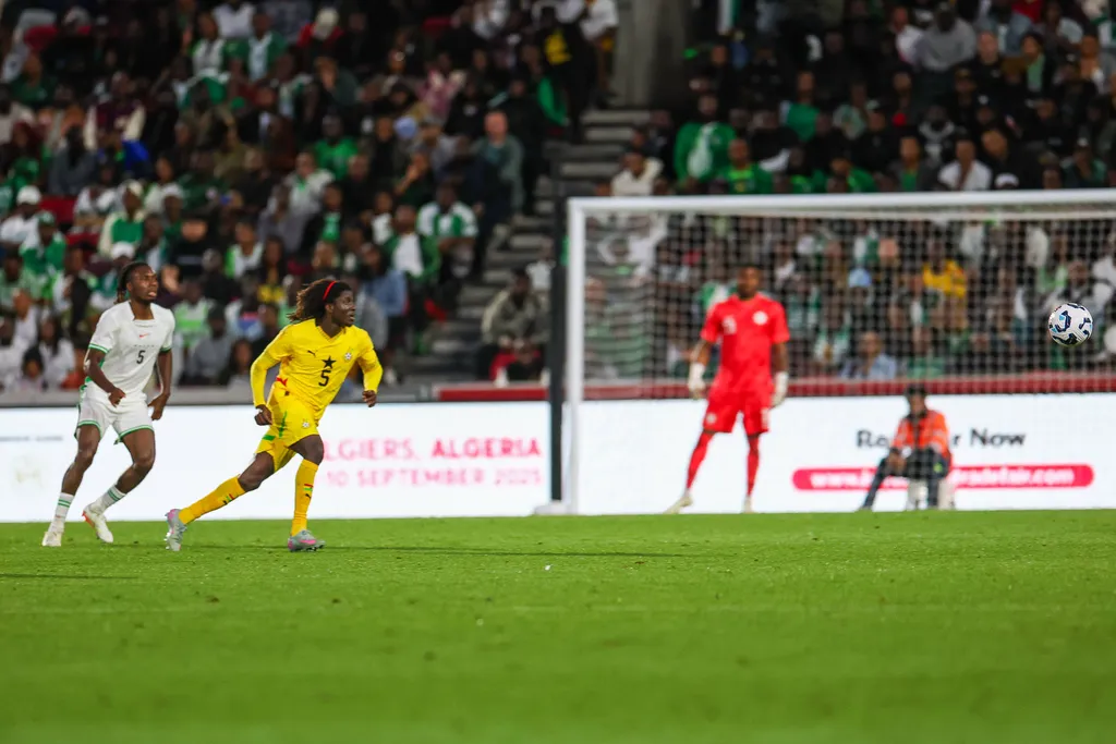 Igoh Ogbu and Caleb Yirenkyi during the Unity Cup London 2025 match between Ghana and Nigeria at Gtech Community Stadium, Brentford, England on 28 May 2025