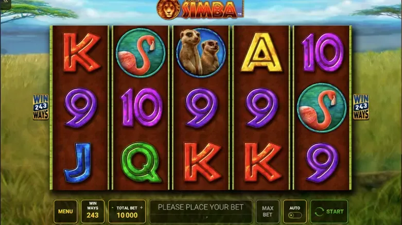 African Simba slot game with symbols on the reels showing 243 ways to win.