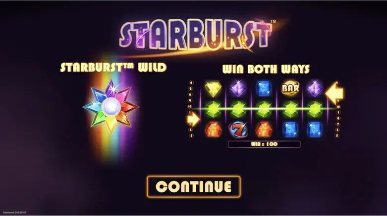 Starburst online slot game with the wild and regular pay symbols on the reels.