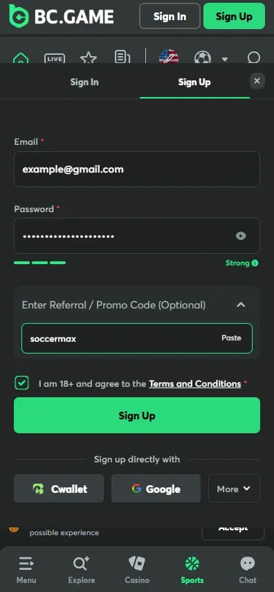 BC GAME bonus code soccermax entered during registration in the promo code field