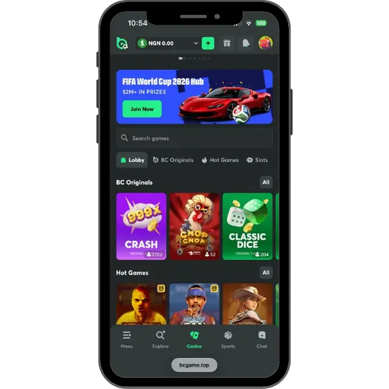 BC.GAME crypto casino homepage with BC Original games and Hot Games in front.
