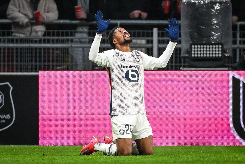 Chuba AKPOM of Lille celebrates his goal during the Ligue 1 match between Stade Rennais Rennes and Lille OSC LOSC at Roazhon Park