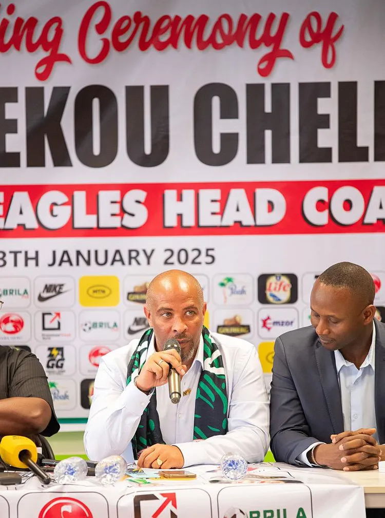 New Super Eagles head coach Eric Chelle speaking at his unveiling in Abuja on Monday. Photo Credit X