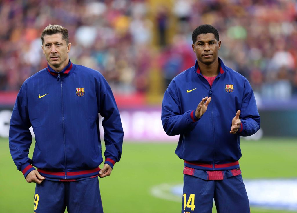  Marcus Rashford and Robert Lewandowski of FC Barcelona looks during the La Liga EA Sports between FC Barcelona and Real Sociedad at Estadi Olimpic Lluis Companys on 28 September 2025 in Barcelona