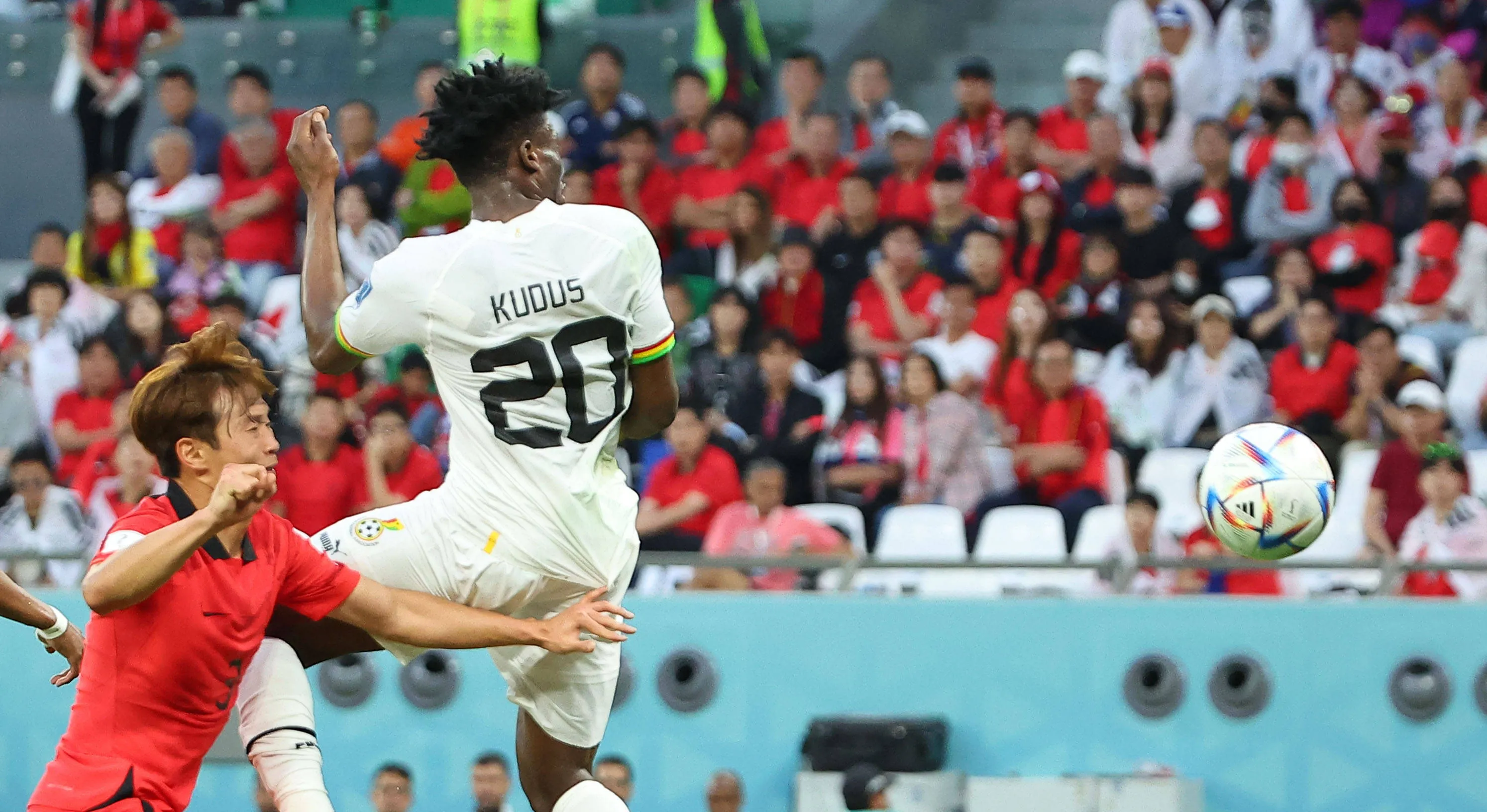 Mohammed Kudus scores his team's second goal during the first half of a World Cup Group H football match against South Korea at Education City Stadium in Al Rayyan