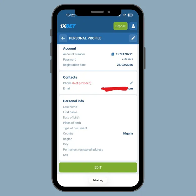 1xbet personal profile page with account verification information.