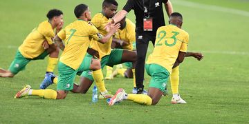 South Africa coach Hugo Broos greets players during the 2022 FIFA World Cup, qualifier match between South Africa and Zimbabwe at FNB Stadium
