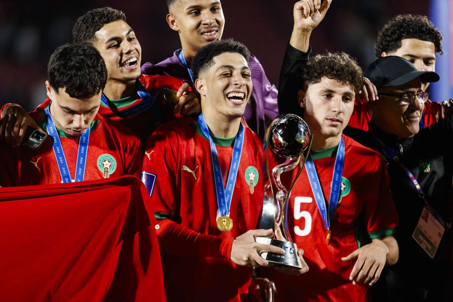 Morocco under-20 team celebrating their World Cup win