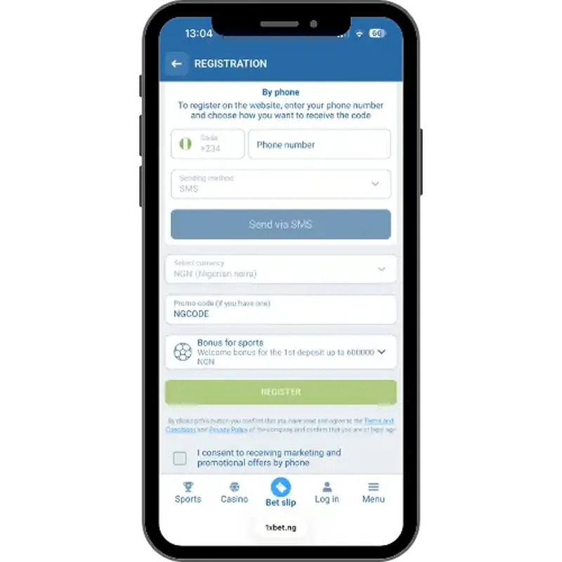 1xBet registration with the mobile phone number and the NGCODE promo code for bonus for sports.