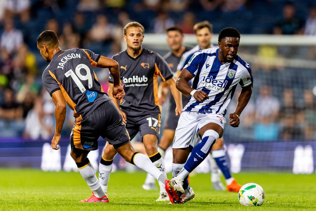 Josh Maja battles for possession during the EFL Cup match between West Bromwich Albion and Derby County at The Hawthorns, West Bromwich
