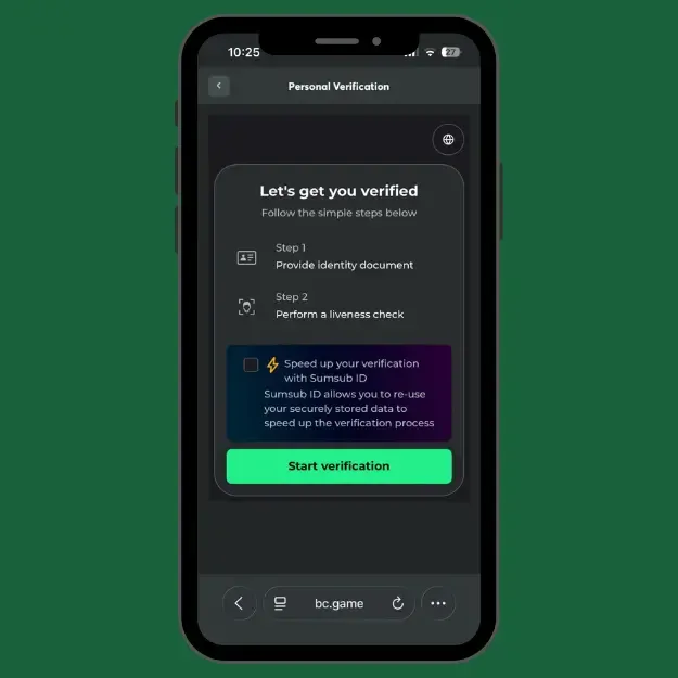 BC.Game verification page showing two steps: submit an identity document and complete a liveness check before starting verification.