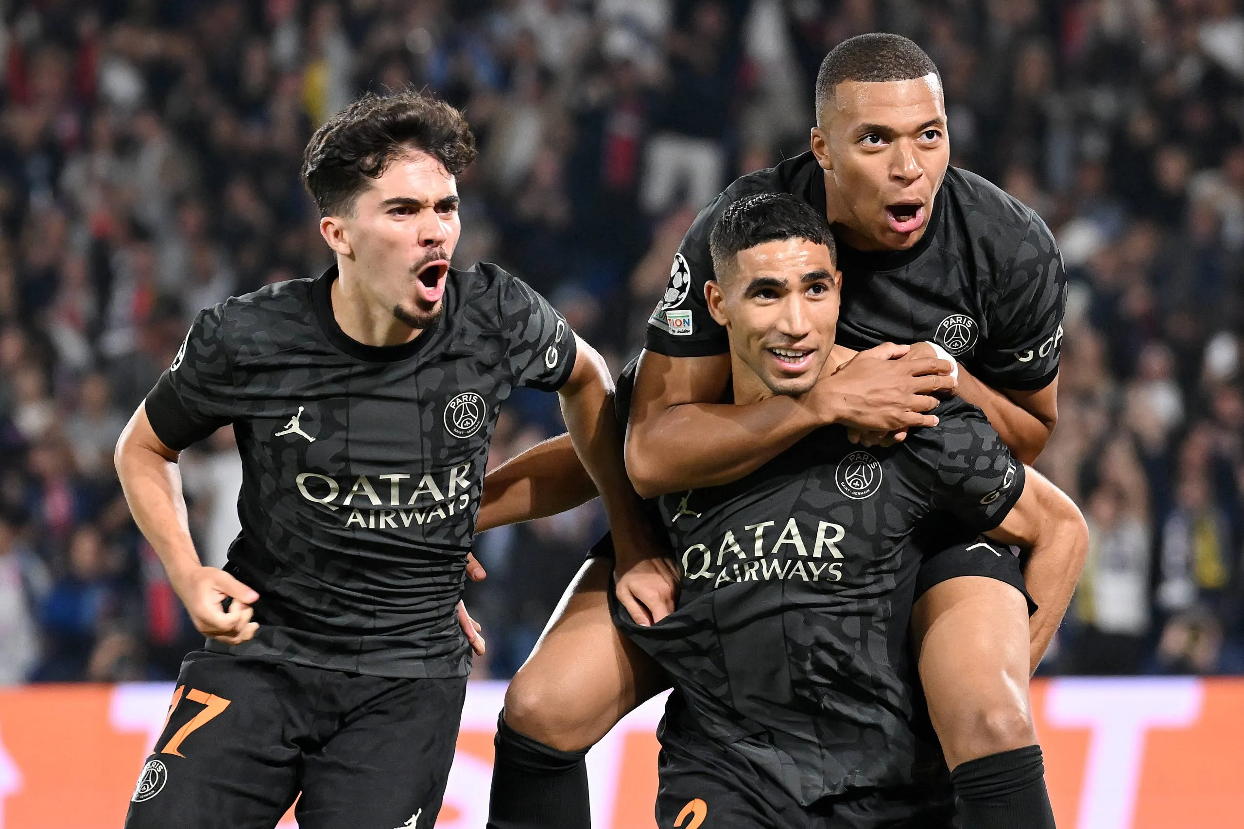 Achraf Hakimi Kylian Mbappe and Vitinha at PSG