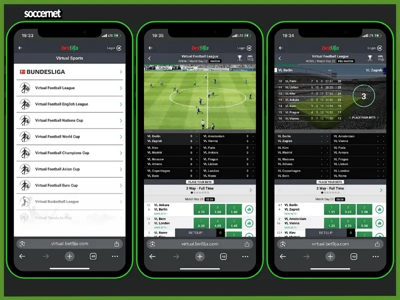 Bet9ja virtual sports on offer, with three screenshots showing the interface and features.