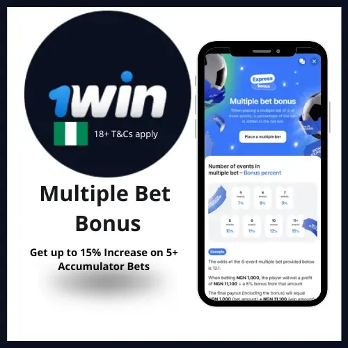1Win Multiple Bet Bonus where players get up to 15% increase on winnings on 5+ accumulator bet slips.