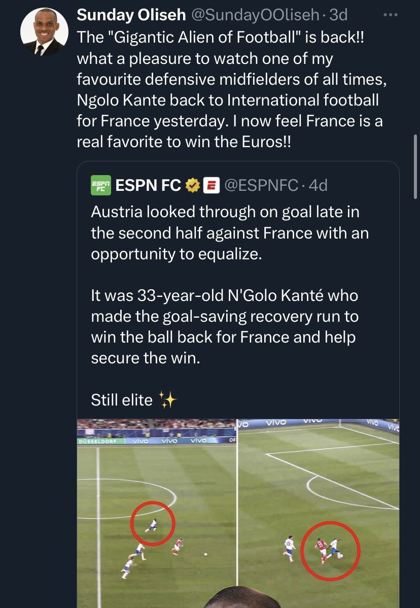 Sunday Oliseh hail N’golo Kante