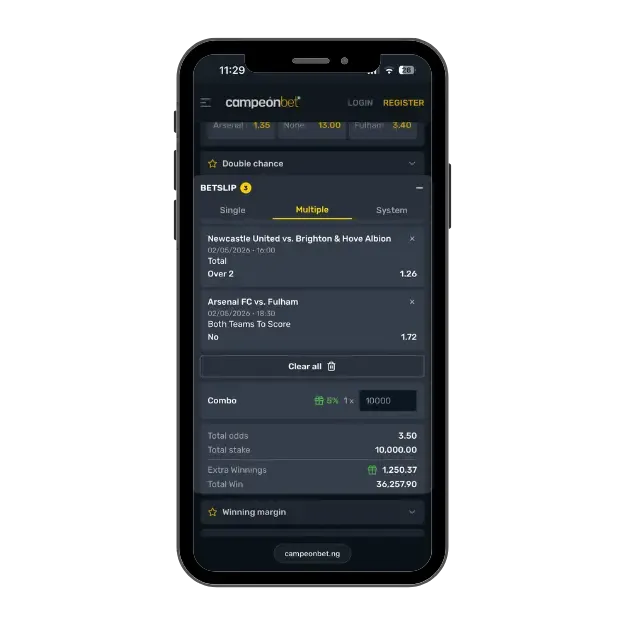 Campeonbet mobile bet slip with multiple accumulator bet with three selections, total odds of 3.50, and a potential win of ₦36,257.90 on a ₦10,000 stake