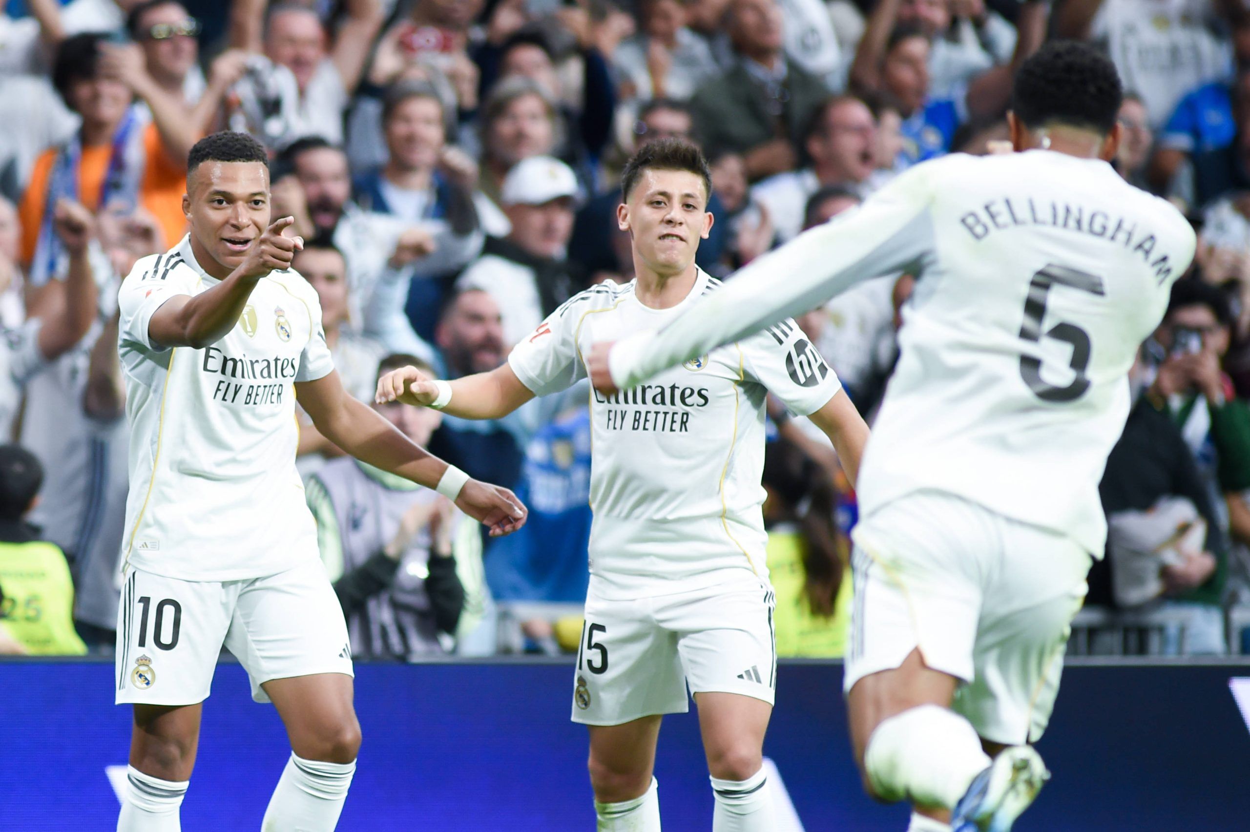 Kylian Mbappe and Jude Bellingham celebrate a goal during the La Liga football match between Real Madrid and FC Barcelona