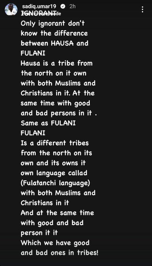Sadiq Umar reacts to Hausa and Fulani mix up