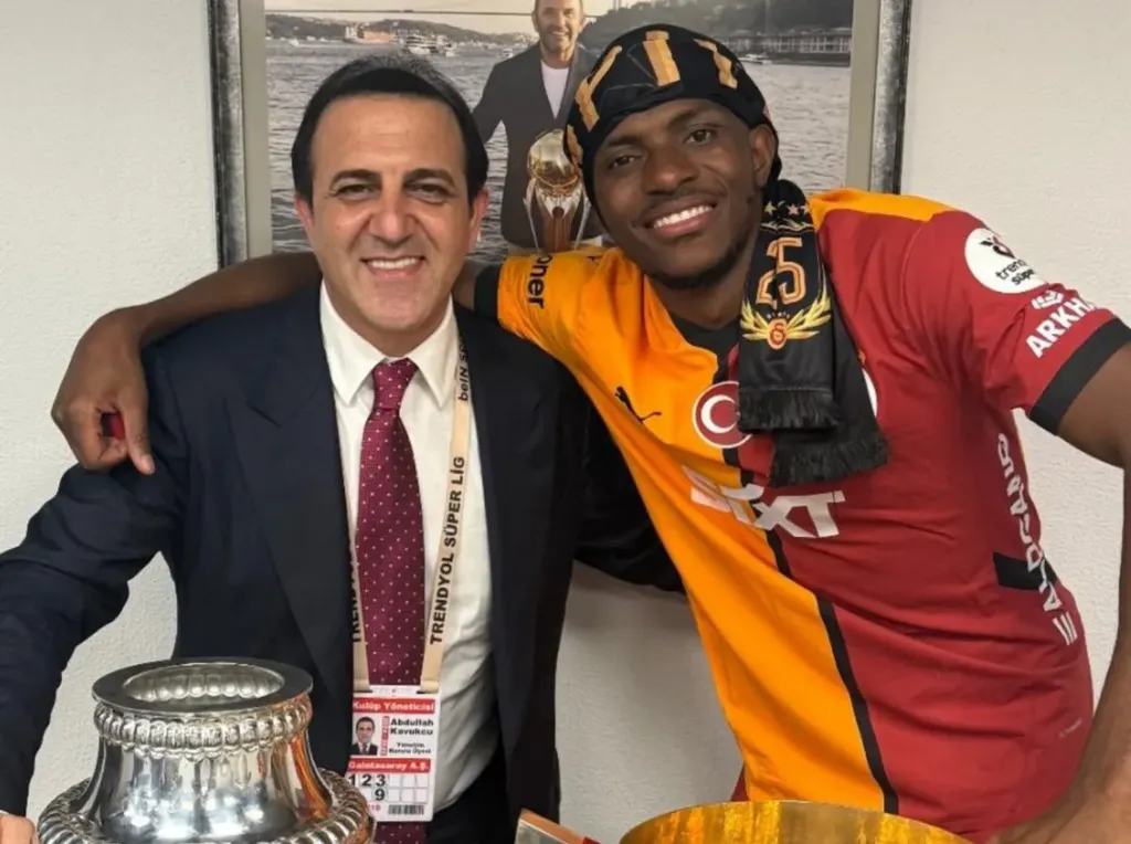Victor Osimhen and Abdullah Kavukcu celebrate Galatasaray trophy win