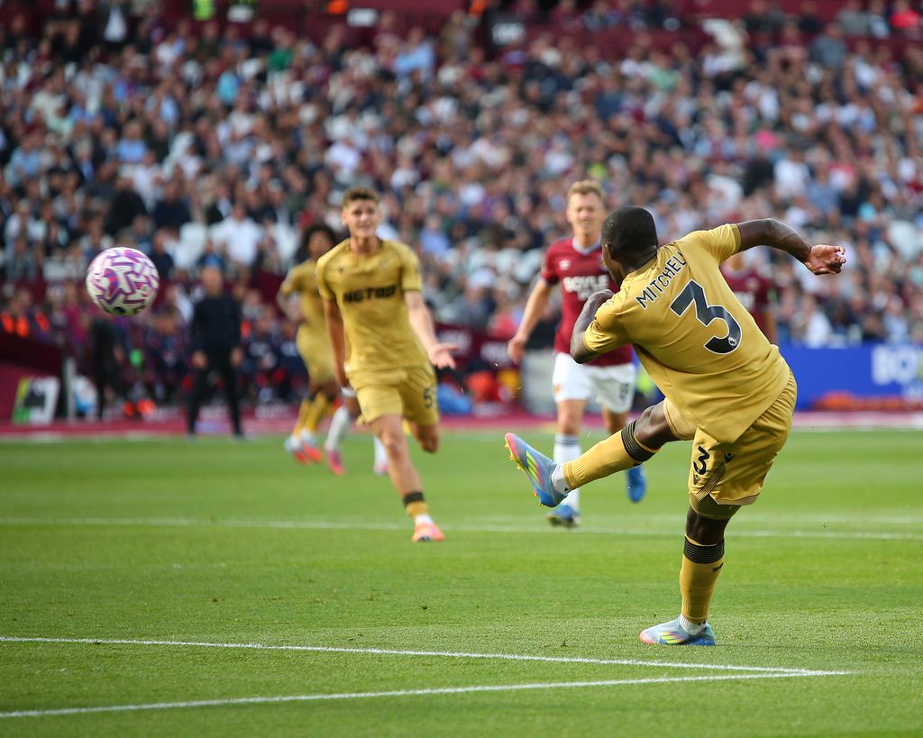 Tyrick Mitchell scores the winning goal via a volley during the Premier League game between West Ham United and Crystal Palace at London Stadium in London, England