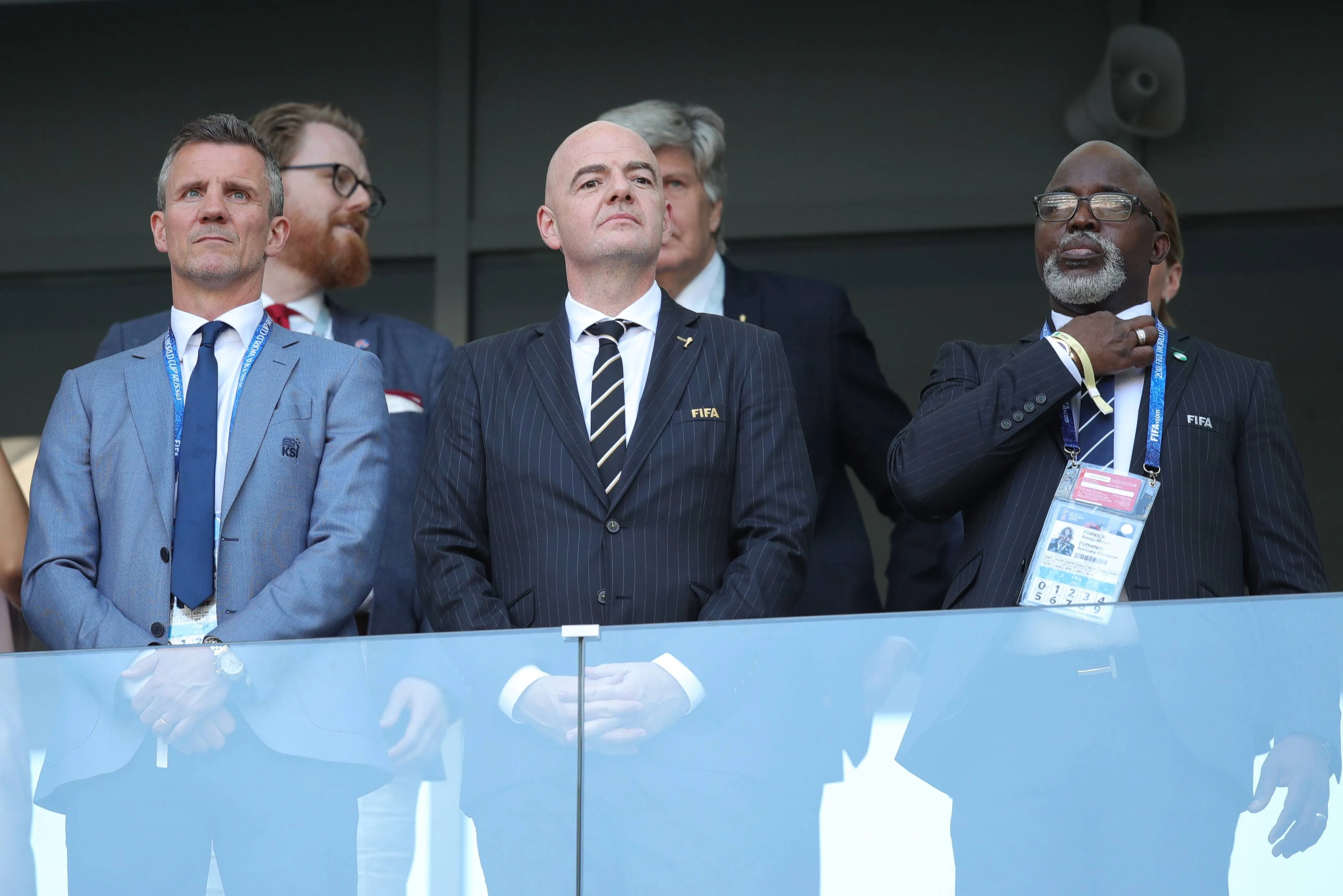 Football Association of Iceland (KSI) President Gudni Bergsson, FIFA President Gianni Infantino, and Nigeria Football Federation (NFF) President Amaju Melvin Pinnick (L-R) 