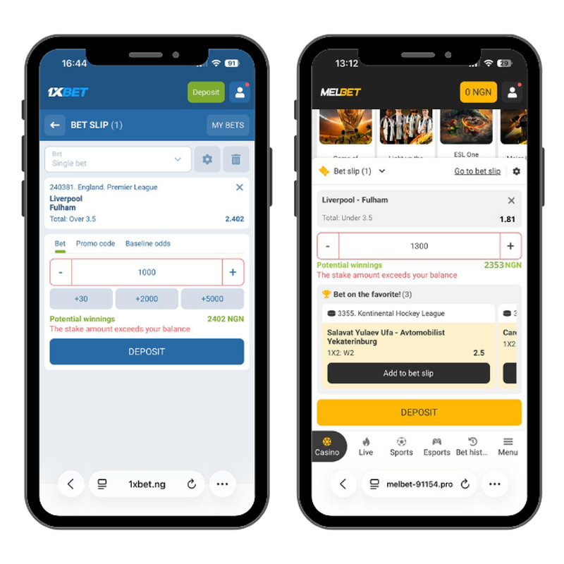 1xBet and Melbet bet slips for Liverpool vs Fulham showing opposite selections used in a zero risk betting strategy with arbitrage betting
